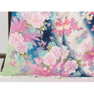 正絹 逸品振袖フルセット 紺グリーン地 に花柄...の詳細画像1