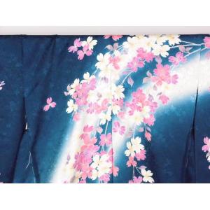 正絹 逸品振袖フルセット 紺グリーン地 に花柄...の詳細画像3