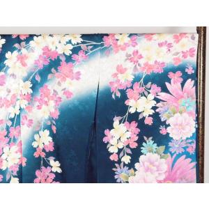 正絹 逸品振袖フルセット 紺グリーン地 に花柄...の詳細画像4
