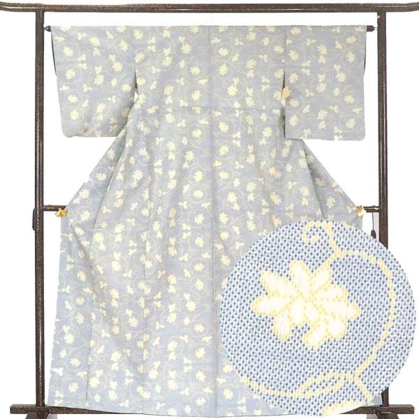 紬 身丈162cm 裄64cm レディース 袷 花柄 裄Mサイズ 秋冬春用 正絹（シルク）ブルー 中...