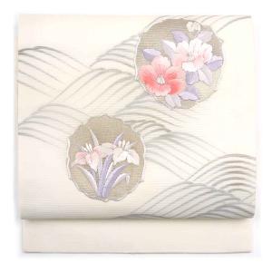 美品 夏帯 名古屋帯 正絹 絽 銀糸 白 モダン 長さ360cm 開き仕立て 美品 名古屋帯 秀品 夏帯 絽 トンネル仕立て 鳥 流水 金銀糸 ベージュ