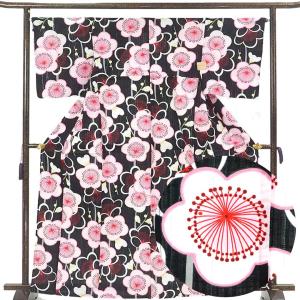 美品 本染め 浴衣　裄67 麻混　百合柄 浴衣 身丈165cm 裄67cm レディース 百合柄 裄長 裄Lサイズ 夏用 木綿