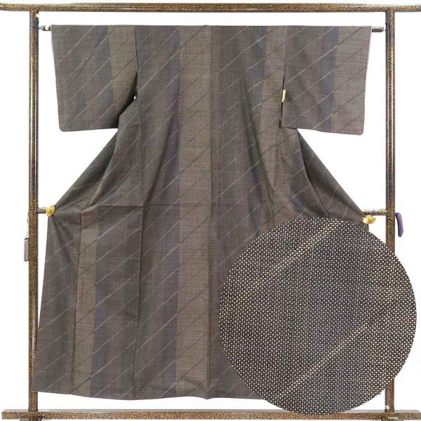 紬 身丈155cm 裄63cm レディース 袷 連続模様 裄Mサイズ 秋冬春用 正絹（シルク）焦茶色...