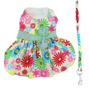 犬服カラフル・フローラル・ドレス＝リード付き