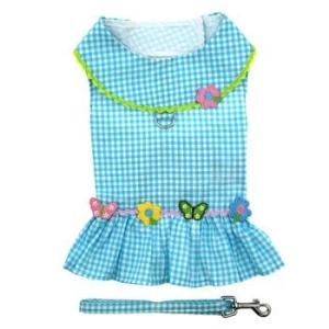 犬服ターコイズ・ギンガムチェック・ハーネス・ドレス＝リード付き