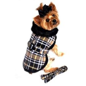 ファー付き襟格子柄ブラウン・ハーネス・コート＝リード付き