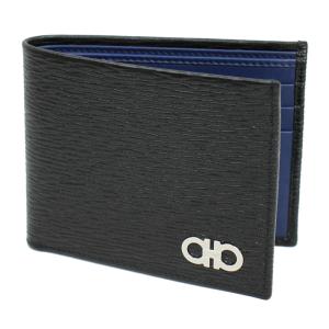 フェラガモ 財布 メンズ FERRAGAMO 二つ折り札入れ ガンチーニ レザー ブラック×ブルー系 66 A064 0685979｜goguysshop