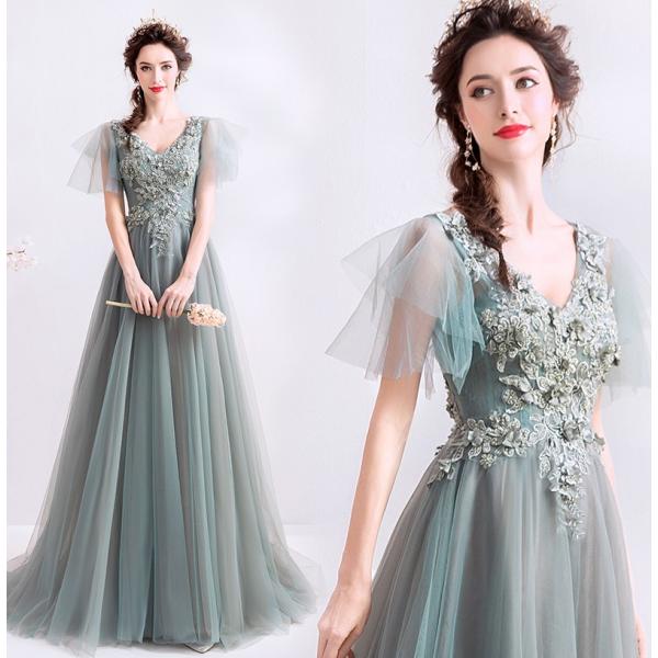 カラードレス 結婚式 緑 フォーマル イブニングドレス aラインドレスコンサート 披露宴 演奏会 ロ...