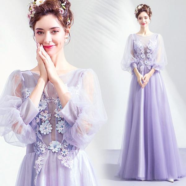 パーティードレス  二次会 紫 フォーマル 披露宴 カラードレス aラインドレス イブニングドレス ...