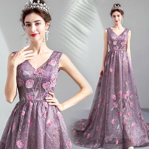 パーティードレス カラードレス 二次会 紫 フォーマル aラインドレス 披露宴 演奏会 イブニングド...