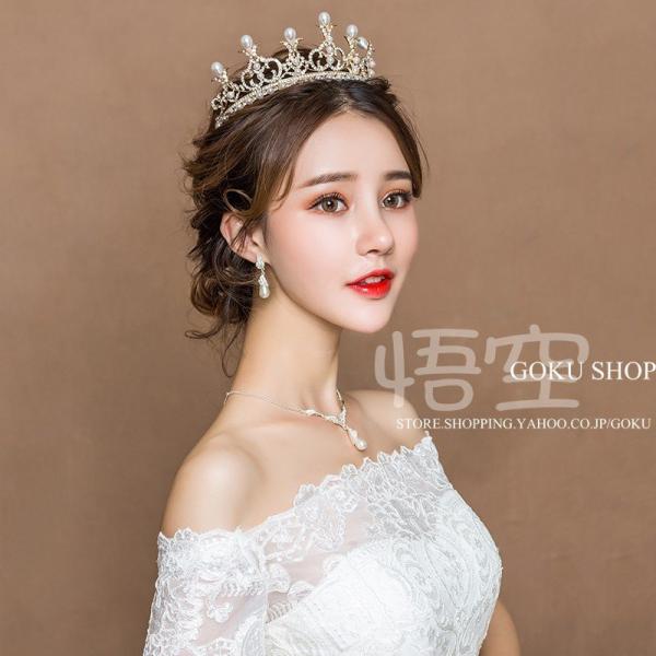 花嫁 ヘッドドレス ティアラ 結婚式 安い 髪飾り ネックレス ブライダル イヤリング パール 3点...