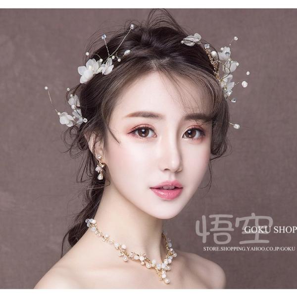 花嫁 ヘッドドレス ティアラ 結婚式 安い 髪飾り 花ネックレス ブライダル イヤリング 3点セット...