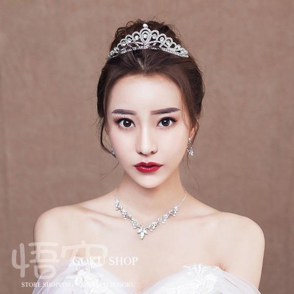 花嫁 ヘッドドレス ティアラ 結婚式 安い 王冠 クラウン髪飾りネックレス ブライダル イヤリング ...