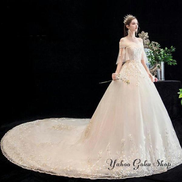 カラードレス ウェディングドレス ウエディングドレス オフショルダー フレア袖 トレーンタイプ Aラ...