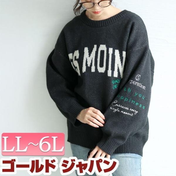 大きいサイズ レディース トップス ニット ドロップショルダー 長袖 ロゴ 袖ロゴ シンプル ユニセ...