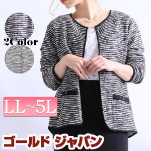 大きいサイズ レディース レディス ノーカラー ジャケット ツイード ラメ フォーマル 無地 長袖 3L 4L XXL 15号 17号 ブラック 黒 black 春 秋 冬 春秋 秋冬｜大きいサイズ レディース Gold-j