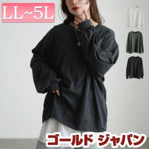 大きいサイズ レディース トップス カットソー ロンT 長袖 オーバーサイズ 伸縮 冬コーデ 秋 春 LL 2L 3L 4L 5L オフホワイト 白 ダークカーキ ブラック 黒