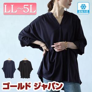 大きいサイズ レディース トップス カットソー キーネック 半袖 5分袖 接触冷感 タック 伸縮 春コーデ 春 夏 LL 2L 3L 4L 5L ブラック 黒 ネイビー 40代 50代