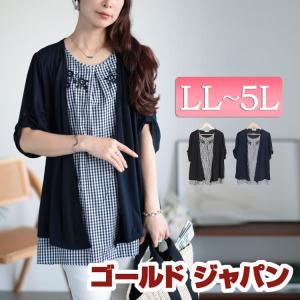 大きいサイズ レディース トップス フェイクカーデ チェック 刺繍 タック 5分袖 2way 柄 夏コーデ 春 夏 秋 LL 2L 3L 4L 5L ブラック 黒 ネイビー 40代 50代｜gold-japan