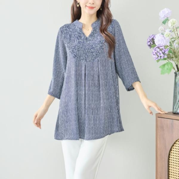 チュニック ラインストーン付き シャーリング ストライプブラウス C31-683 ネイビー TRUB...