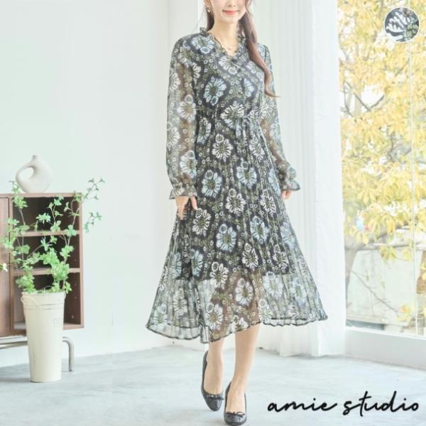 ワンピース 大人可愛い シフォン 総柄 フリル Vネック C38-1003 amie studio ...