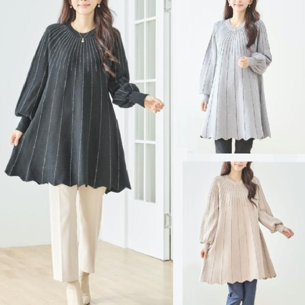 TRUBE ミセス チュニック ワンピース リブラインフレア ニット N12-863 M L 体型カ...
