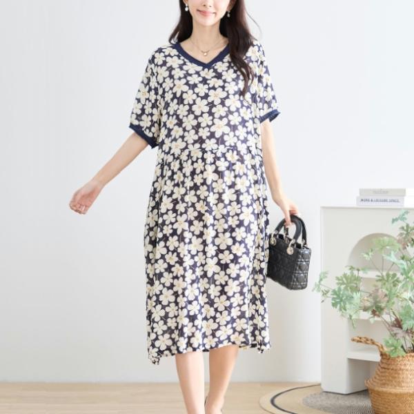 TRUBE ミセス ワンピース Vネック フラワープリント コットン N82-362 M L 大人可...