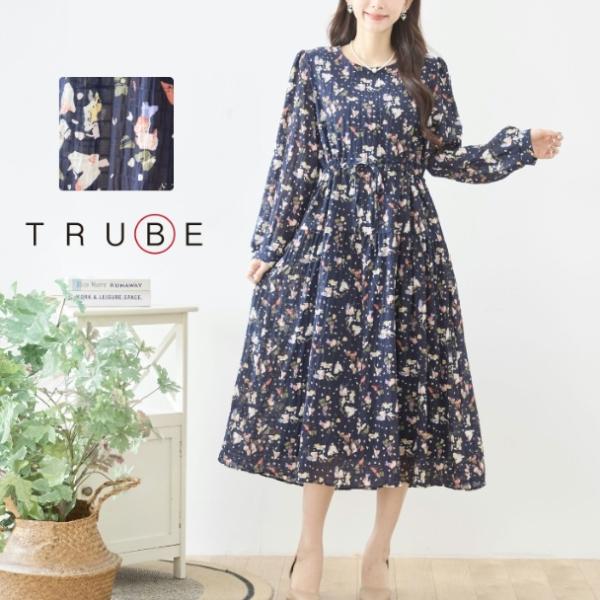 TRUBE ギャザー ワンピース フラワープリント ネイビー 花柄 レディース 長袖 N82-460...