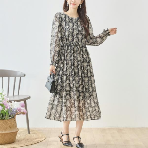 ロングワンピース ダマスク柄 シフォンワンピース 長袖 裏地付き N82-576 amie stud...