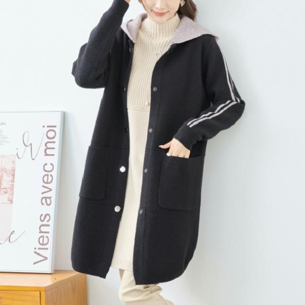 TRUBE ミセス フード付コート 配色ライン ロングパーカー R32-280 M〜L 大人可愛い ...