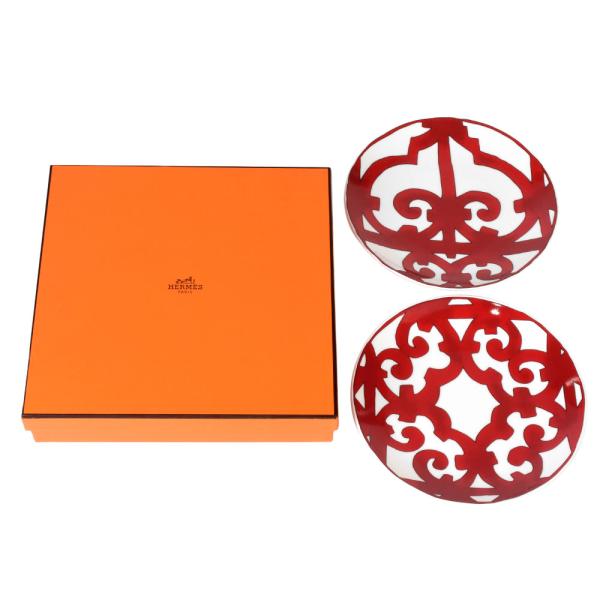 エルメス HERMES ガダルキヴィール プレート 皿 陶磁器 レッド ホワイト 17cm ペアセッ...