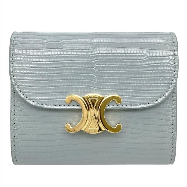 セリーヌ CELINE トリオンフ スモール フラップウォレット  三つ折り財布 リザード ブルー ...