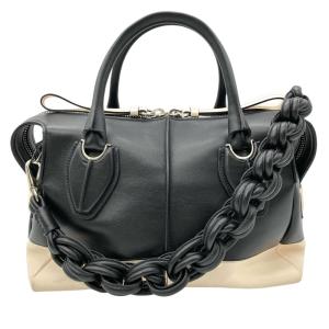 トッズ TOD’S D スタイリング ショルダーバッグ レザー シルバー金具 ブラック×ホワイト バイカラー 編み込みストラップ レディース