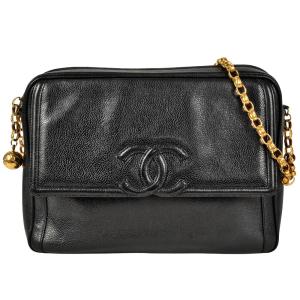 シャネル CHANEL ショルダーバッグ キャビアスキン ブラック ゴールド金具 ヴィンテージ レディース