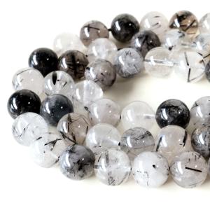 ブラックトルマリン イン クォーツ 一連 ビーズ 1本売り 10mm Aランク ブラジル産 天然水晶 長さ36-38cm前後 パーツ ハンドメイド 手作り 天然石 パワーストーン
