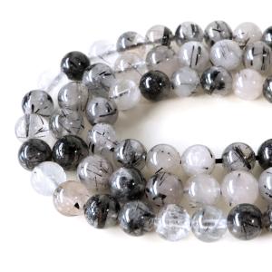 ブラックトルマリン イン クォーツ 一連 ビーズ 1本売り 8mm Aランク ブラジル産 天然水晶 長さ36-38cm前後 パーツ ハンドメイド 手作り 天然石 パワーストーン