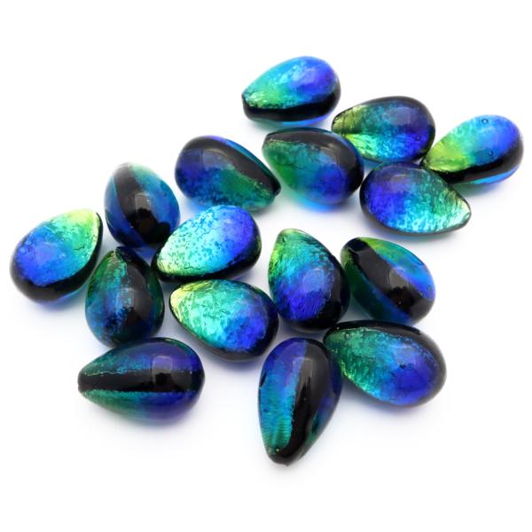 光る ケラママリン ホタルガラス しずく型 ビーズ 方穴 ドロップ 約18 x 12mm 粒売り 1...