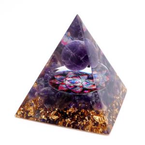 オルゴナイト ピラミッド 天然石 さざれ  アメジスト 丸玉  幅 約5cm orgonite pyramid  置物 パワーストーン｜goldstone