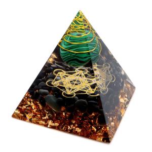 オルゴナイト ピラミッド 六芒星 天然石 オブシディアンさざれ マラカイト 丸玉 幅 約5cm orgonite pyramid  置物 パワーストーン
