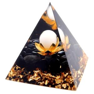 オルゴナイト ピラミッド オブシディアン さざれ入り 蓮の花 orgonite pyramid  置物 天然石 パワーストーン 浄化｜goldstone