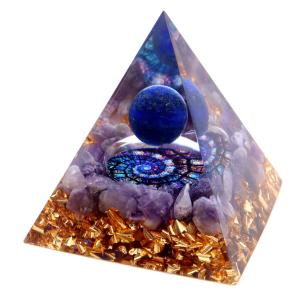 オルゴナイト ピラミッド アメジスト さざれ ラピスラズリ丸玉入り ステンドグラス風 紫水晶 orgonite pyramid  置物 天然石 パワーストーン 浄化｜goldstone