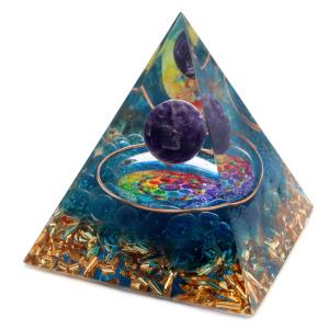 オルゴナイト ピラミッド アメジスト 丸玉入り 紫水晶 曼荼羅 orgonite pyramid  置物 天然石 パワーストーン 浄化｜goldstone