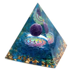 オルゴナイト ピラミッド アメジスト 丸玉入り 紫水晶 幾何学模様 orgonite pyramid  置物 天然石 パワーストーン 浄化｜goldstone