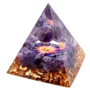 オルゴナイト ピラミッド 愛心 ハート アメジスト さざれ 丸玉入り 紫水晶 orgonite pyramid  置物 天然石 パワーストーン 浄化｜goldstone