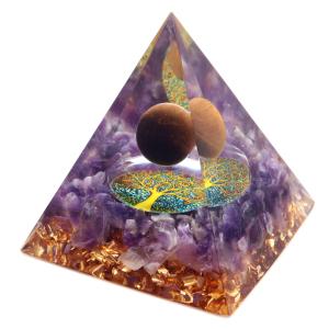 オルゴナイト ピラミッド 生命の樹 アメジスト さざれ タイガーアイ 丸玉入り orgonite pyramid  置物 天然石 パワーストーン 浄化｜goldstone