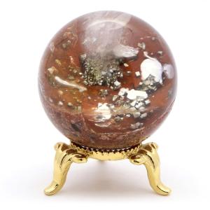 パイライト イン ガーデンクォーツ 丸玉 40mm 台座付き 庭園水晶 黄鉄鉱 天然石 Pyrite 1点もの 敬老の日 贈り物 プレゼント ギフト 贈り物