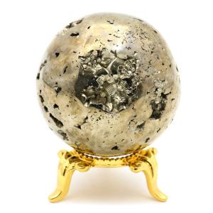 パイライト 丸玉 42mm 1点物 ペルー産 台座付き 置き物 天然石 パワーストーン ピカピカ鏡面 黄鉄鉱