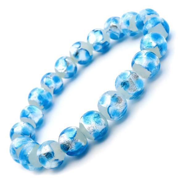 ホタルガラス ブレスレット ブルー ホワイト 10mm 青色 白色 とんぼ玉 ほたる 蛍 トンボ玉 ...