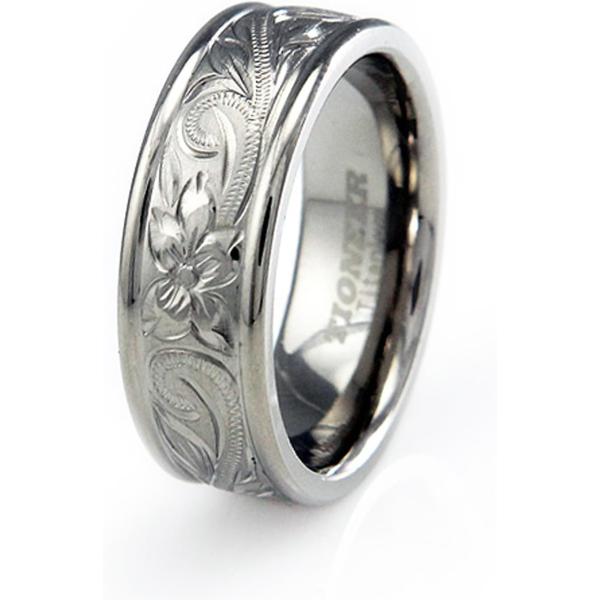 【並行輸入品】TioneerチタンHandcarvedフローラルデザインRidgedエッジウェディン...