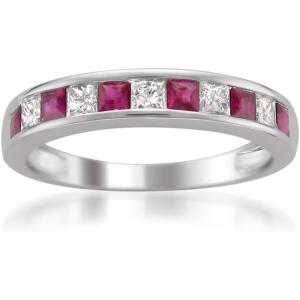 【並行輸入品】14 Kホワイトゴールドプリンセスカットダイヤモンドとレッドルビー結婚指輪リング( 5...